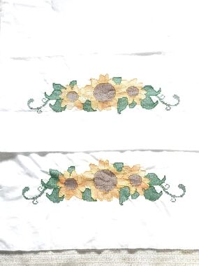 Pair Hand-Embroidered Sunflower Cross Stitch Pillowcases in Yellow and Green
